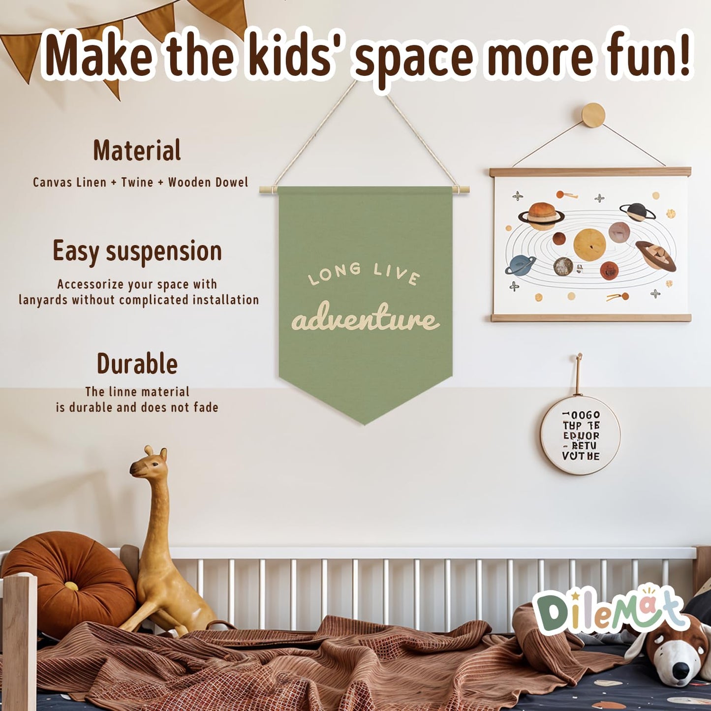 Dilemat Sage Green Playroom Decor,Boy Nursery Decor,Long Live Adventure Linen Pennant Banner,Camper Decor Wall Hanging for Toddler Decorations,Boy Room,Nursery,Playroom