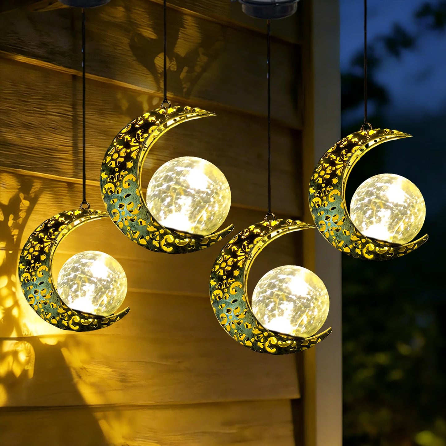 Amugmilk Solar Lanterns Outdoor Garden Decorations, 4 Pack Hanging Solar Moon Lights with Cracked Glass Globes Decor for Backyard Balcony Patio Fence Tree ,Unique Mother's Day Gifts for Women Mom