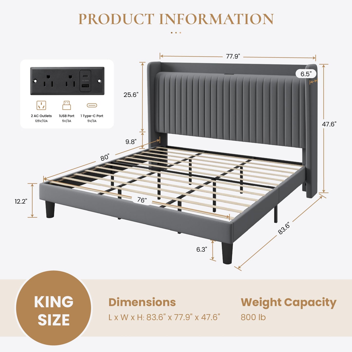 SHA CERLIN King Size Velvet Bed Frame with USB Charging Station, Wingback Storage Headboard, Upholstered Platform Bed with Wooden Slats Support, No Box Spring Needed, Easy Assembly, Grey