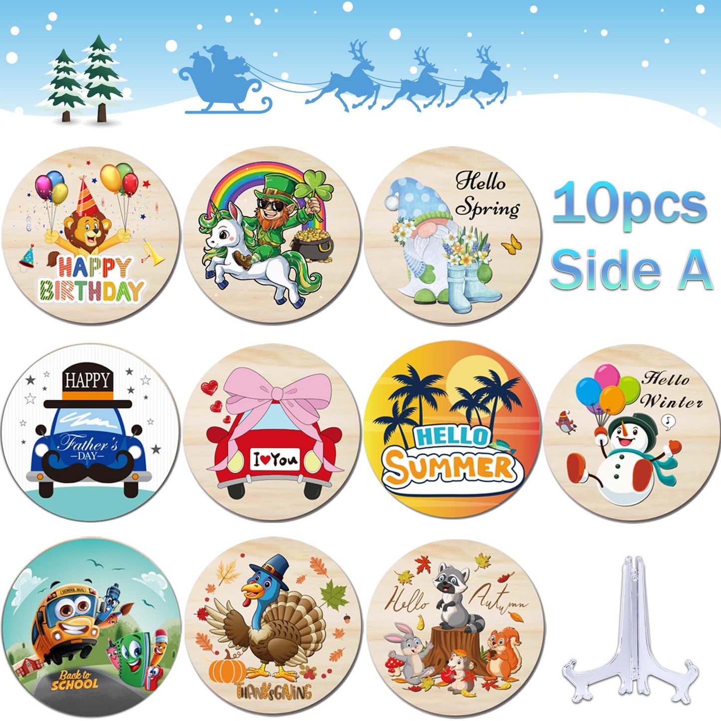 4in 10Pcs Interchangeable Home Table Signs with Seasonal Icons, Wooden Welcome Signs Interchangeable Holiday Decorative Table Shelf Centerpiece for Holiday Room Decor