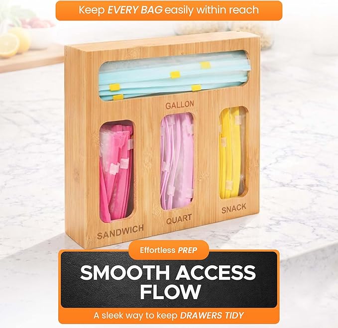 Earth’s Dreams Bamboo Kitchen Drawer Organizer – Resealable Food Storage Bag Holder for Gallon, Quart, Sandwich & Snack Sizes – Eco-Friendly Baggie Organizer for Plastic Storage Bags