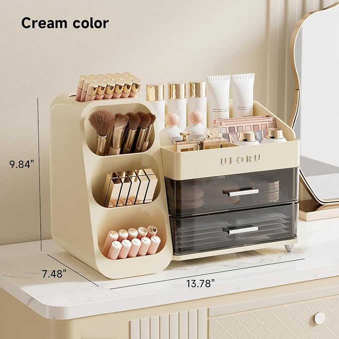 UFORU Makeup Organizer for Vanity with Brush Holder, Large Capacity Bathroom Countertop Skincare Organizer with 2 Drawers, Cosmetic Display Case for Perfumes, Eyeshadow Palettes, Nail Polishes