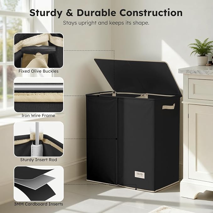 SOLEDI Large Double Laundry Hamper with Lid,165L Collapsible Clothes Hamper 2 section with Removable Bags, Space-Saving Laundry Basket for Bedroom, Dorm, College