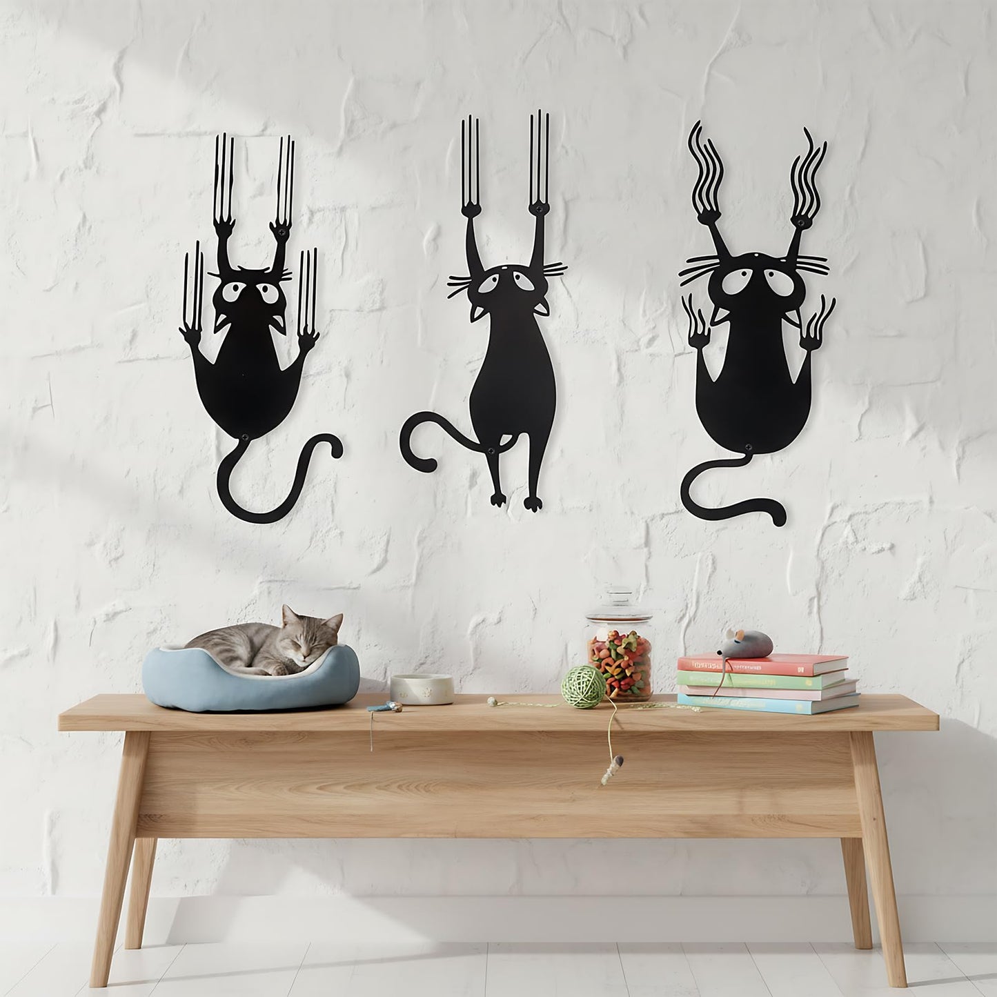 Otoolling Black Cat Wall Art Funny Black Metal Cat Wall Hanging Decor Minimalist Signs for Cats Lover Home Bedroom Living Room Patio Bathroom Office Decor(3 Pcs,Aprox 6" X 14")