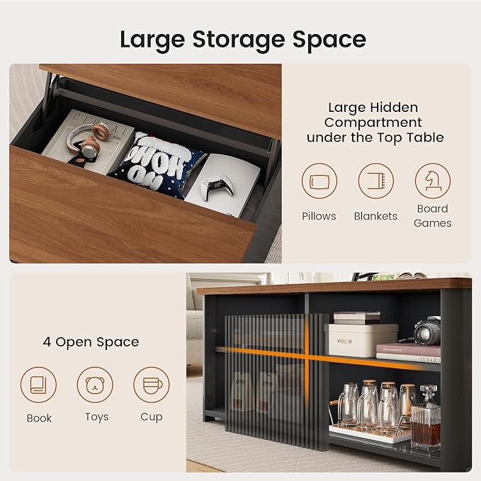 SEDETA 31.5" Lift Top Coffee Table with Storage, Square Coffee Tables for Living Room, Fluted Coffee Table with Large Hidden Storage Compartment and Adjustable Shelves, Fluted Black