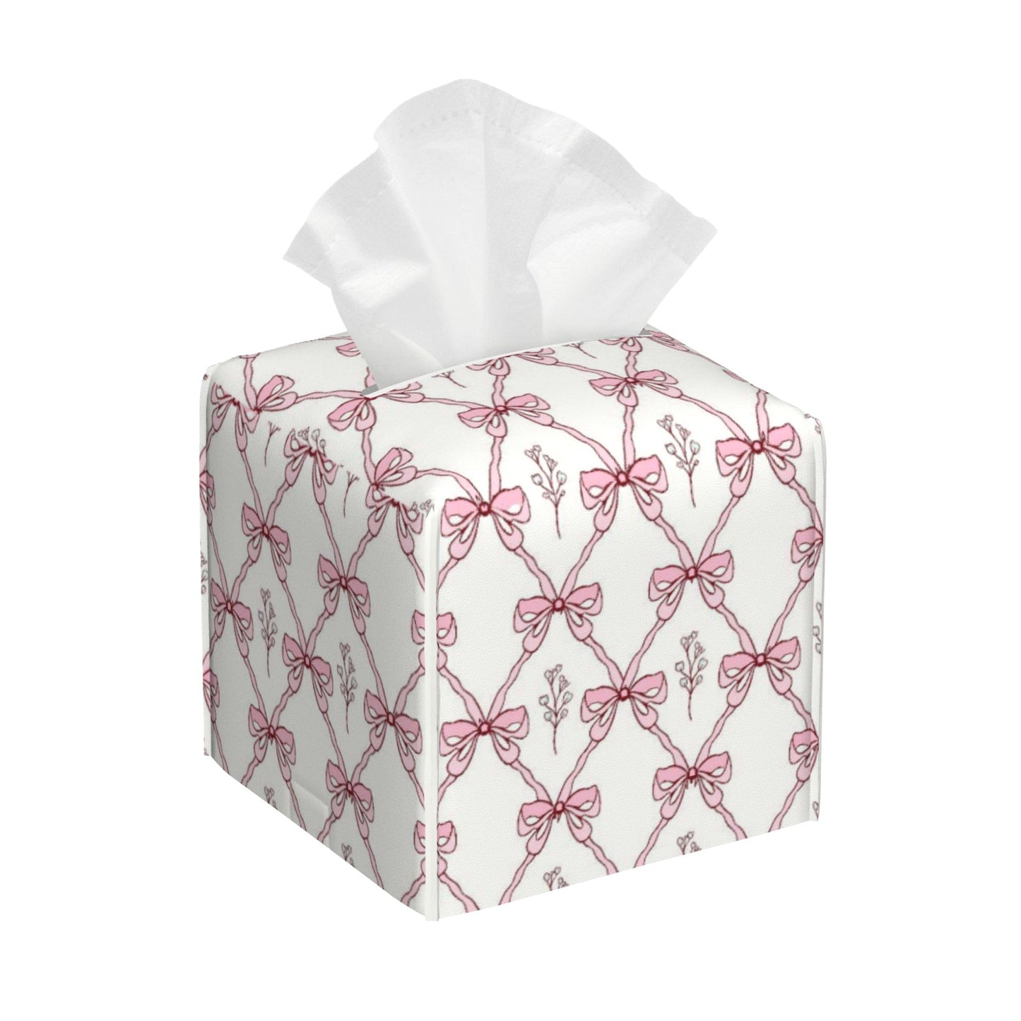 Vintage Retro Pink Ribbon Tissue Box Cover Square,Leather Tissue Holder,Waterproof Leather Facial Paper Organizer Tissue Box Cover for Home Office Bathroom Vanity Countertop,5.2" x 5.2" x 5.2"