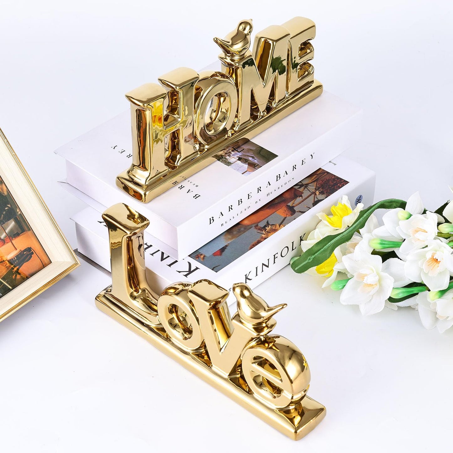 Gold Love Sign Statue - Personalized Home Decor, Bird Sculpture for Living Room, Bedroom, Desktop & Cabinets