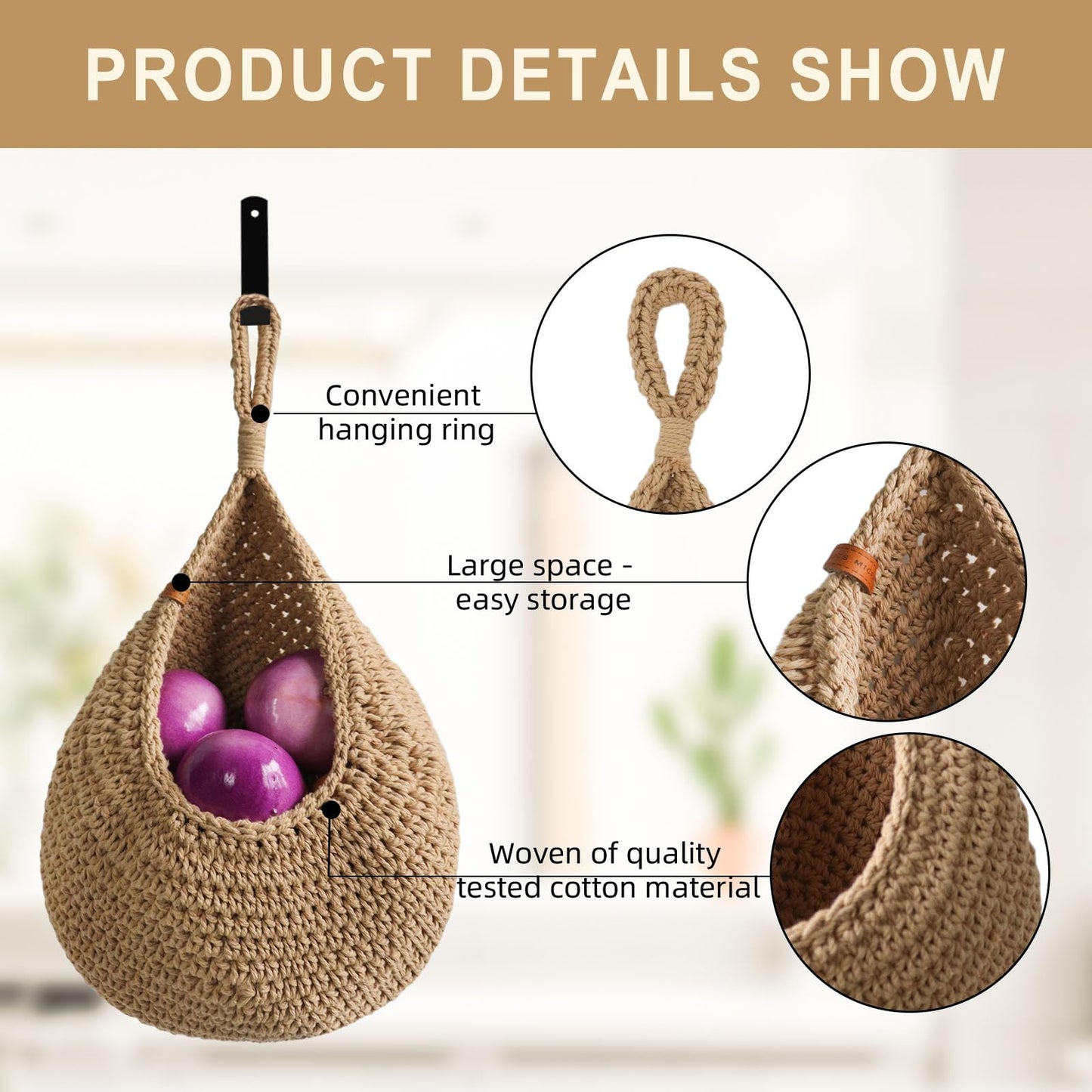 LOCS MICRAI Hanging Fruit Baskets for Kitchen - 6 Pack Boho Wall Hanging Basket,Handwoven Wall Fruits Basket,for Garlic Potato Vegetable Onion Teardrop Home Hanging Storage Baskets(Brown Classic)
