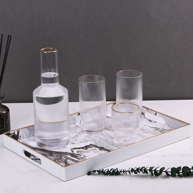 Decorative Tray, Marbling Plastic Tray with Handles, Rectangular Vanity Tray and Serving Tray for Bathroom, Kitchen, Ottoman and Coffee Table, 15.6” x 10.2”, White