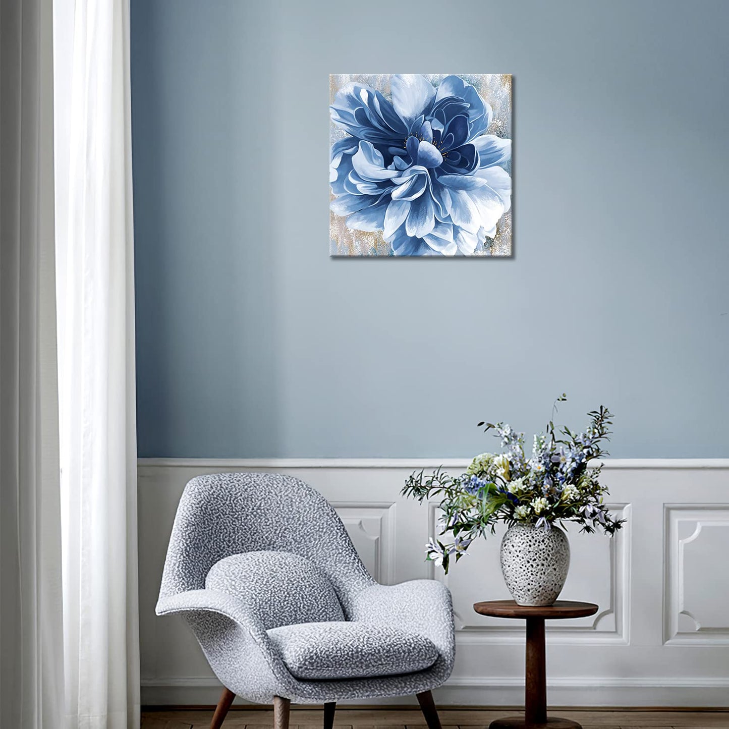 Blue Flower Wall Art,Navy Blue Floral Canvas Print Nature Scenery Wall Art for Living Room Bedroom Wall Painting Decoration Modern Artwork