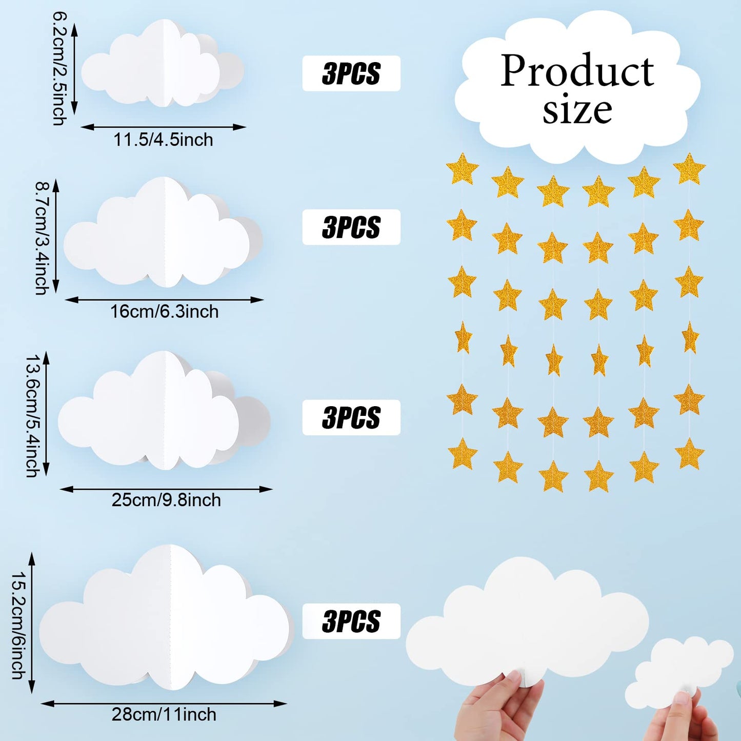 Hotop 18 Pcs 3D Cloud Party Decorations Hanging Clouds with Stars Garland White Paper Decorations for Baby Shower Wedding Ceiling Party Room Decor