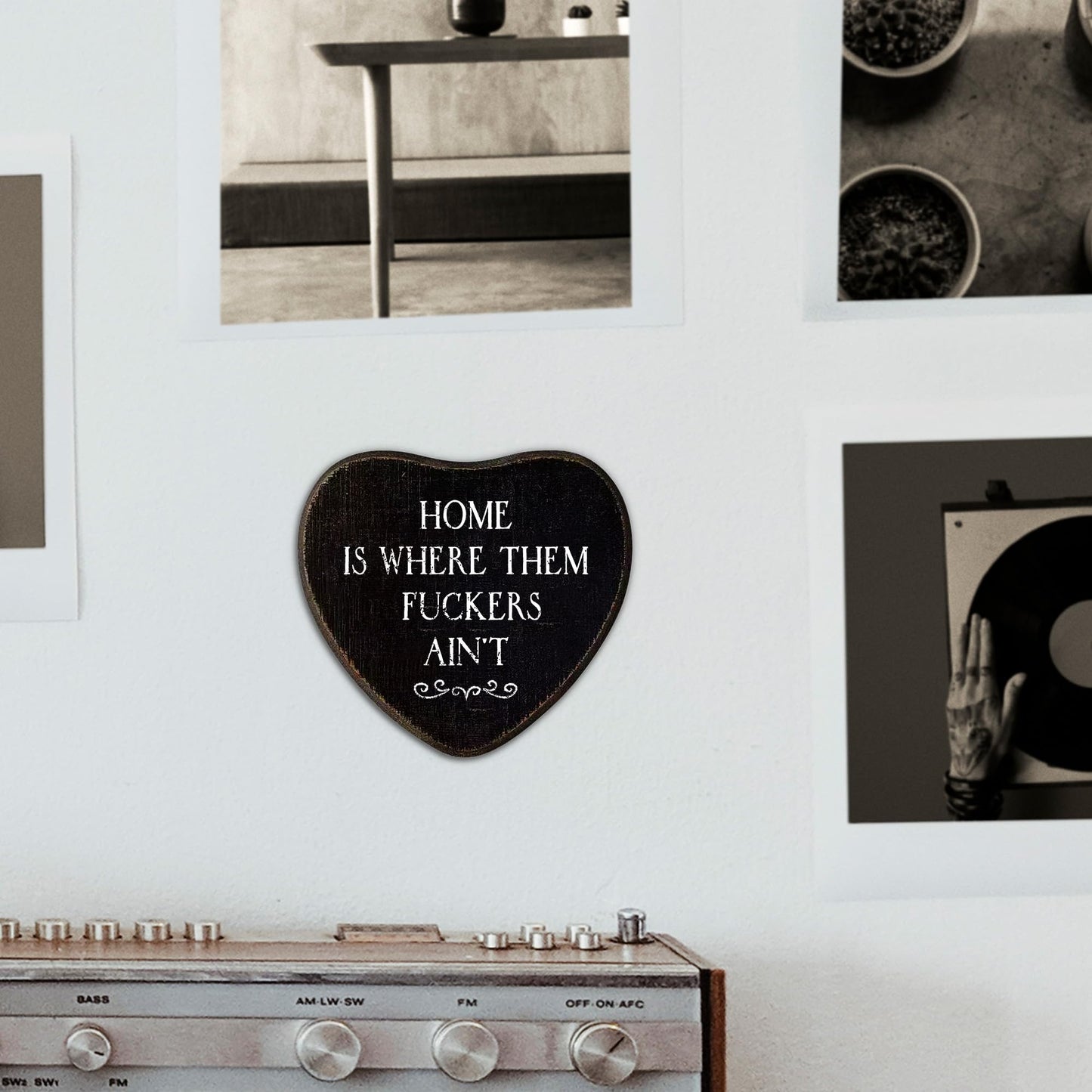 Funny Gothic Wall Decor - Home Is Where The Fuckers Ain't Black Wood Heart Wall Art Decor - Black Humor Goth Home Deco For Bedroom, Bathroom, Kitchen, Goth Gift For Women Men(6 X 5.5 Inch)-A01