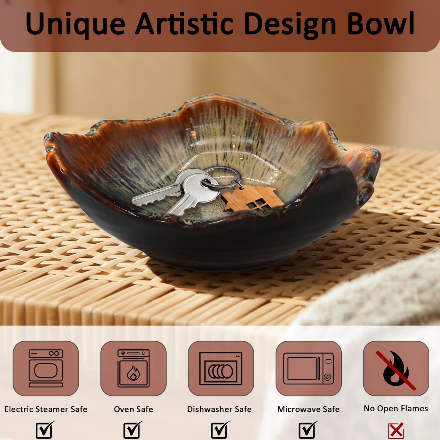 WBXZIXN 8" Ceramic Decorative Bowl，Irregular Rim Reactive Glaze Key Bowl For Entryway Table，Handcrafted Purse Catch All Bowls，Japanese Style Fruit Bowls For Tabletop or Home Decor