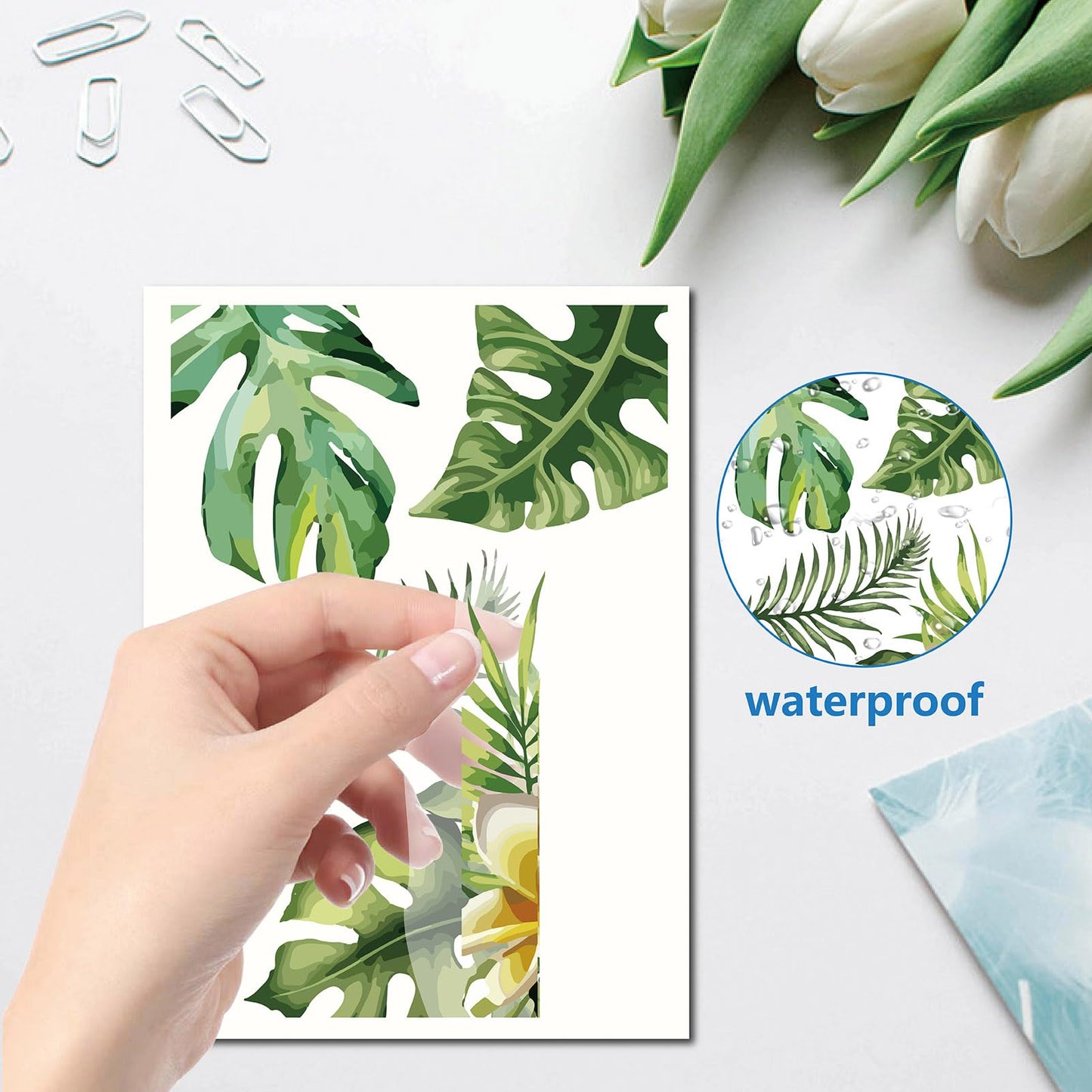 CRASPIRE 8 Sheets Green Leaf Window Stickers Tropical Leaves PVC Waterproof Self Adhesive Summer Wall Decals Natural Palm Plant Rectangle Removable for Stairway Home Decoration TV Wall Art
