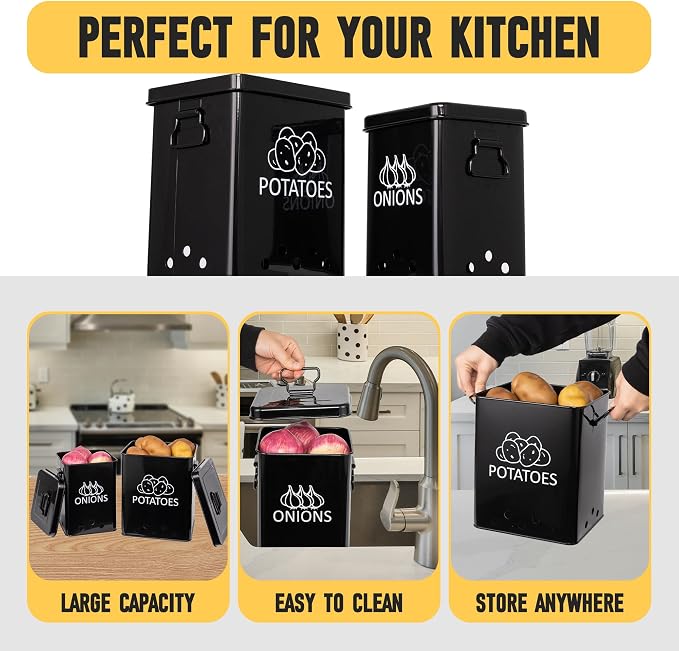Potato and Onion Storage Bin, Set of 2 Vegetable Storage Tins with Metal Lids & Side Handles, Dual-row Ventilation Holes, Farmhouse Metal Kitchen Canisters Sets, Black