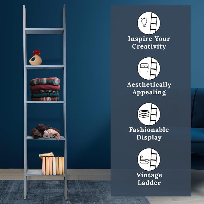 BARNWOODUSA Throw Blanket Ladder – Fully Assembled Reclaimed Wood – Rustic Decorative Ladder for Towels, Quilts, & More – Perfect Decor for Bathroom, Porch, or Living Room,5-foot Slate Blue