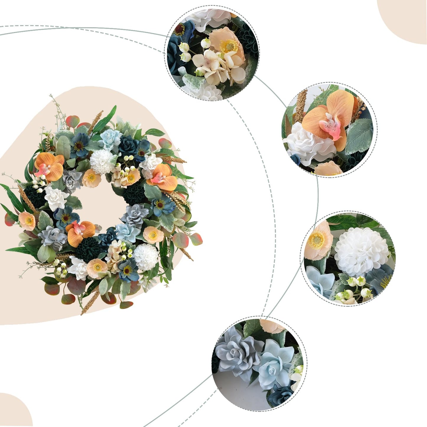 Bibelot 22 Inch Spring/Summer Floral Wreaths for Front Door,Artificial Valentines Day Wreath with Roses Dahlias Gardenias phalaenopsis for Home Wall Window Wedding Party Festival Decor