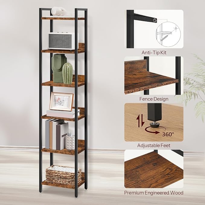 MAHANCRIS Bookshelf, 6-Tier Bookcase, Standing Book Shelf for Small Space, Storage Shelf Organizer, for Living Room, Bedroom, Study, Balcony, Rustic Brown and Black BKHR6601