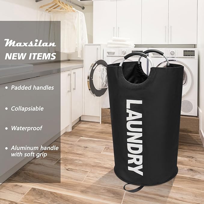 Maxsilan 90L Large Laundry Basket, Freestanding Tall Clothes Hamper, Collapsible Laundry Bag, Black