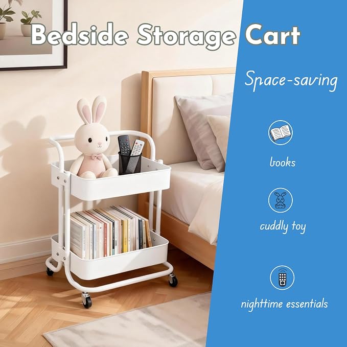 2 Tier Cart with Wheels Under Desk Storage with Handle, Metal Rolling Pantry Cart for Kitchen White Small Rolling Basket for Laundry Room Bathroom, Utility Shelf Organizer for Small Space