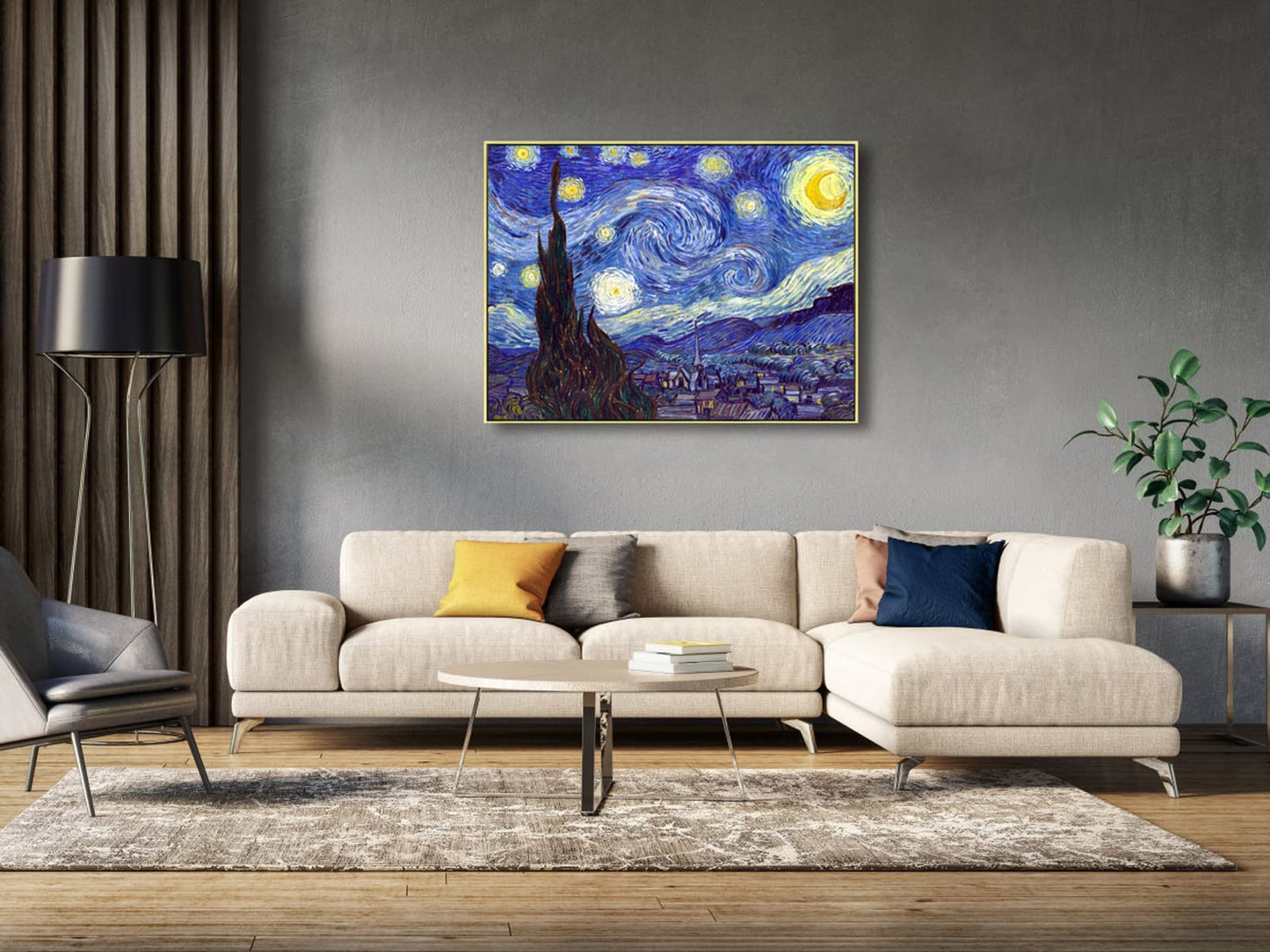 Wieco Art Large Framed Art Giclee Canvas Prints of Starry Night by Vincent Van Gogh Paintings Reproduction Post-Impressionism Artwork for Living Room Home Bedroom Decorations, 40x30inch (Framed)