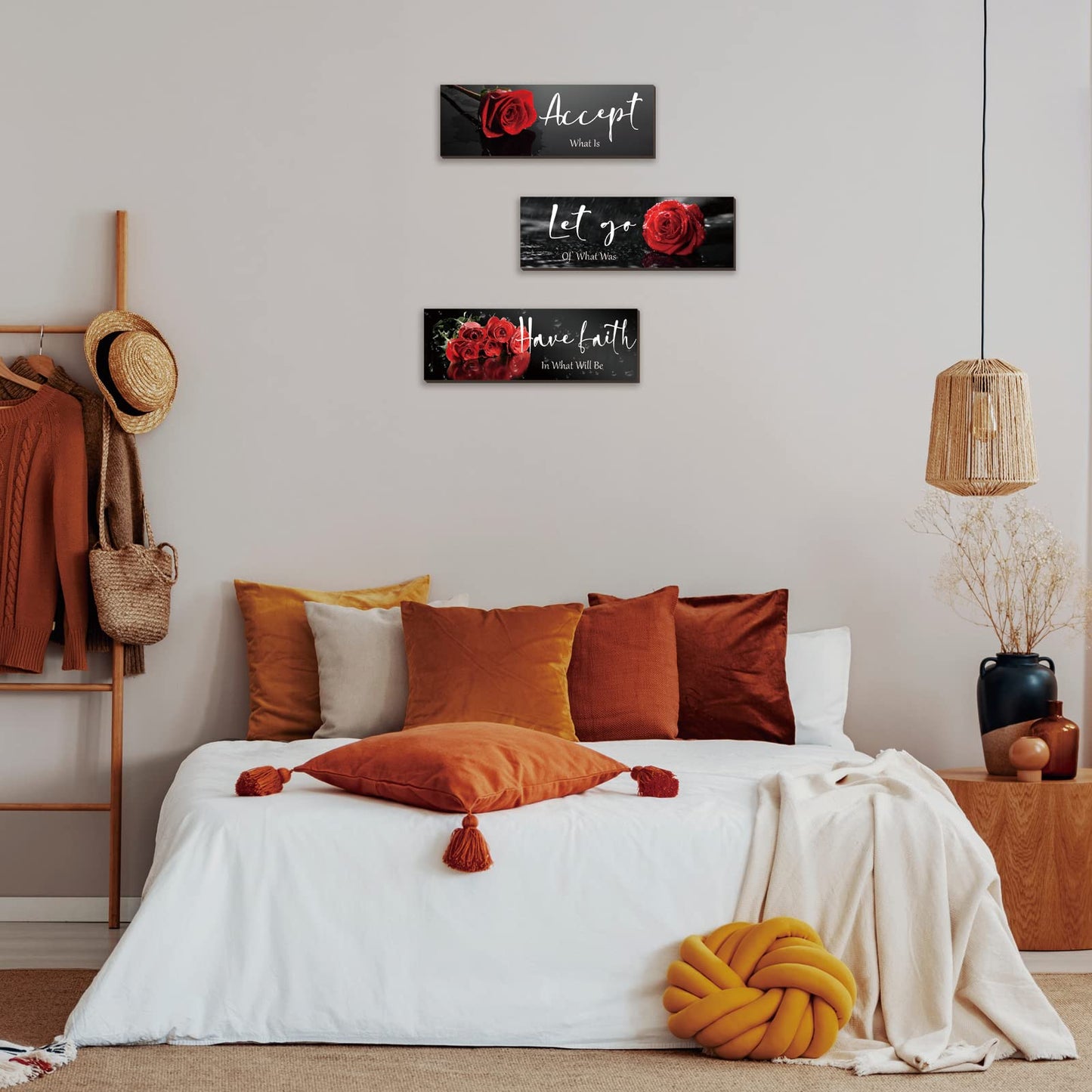 3 Pcs Red Decor Flower Inspirational Wooden Wall Art Red Roses Office Wall Decor with Accept Let Go Have Faith Positive Quotes for Girl Women Bathroom Living Room Bedroom(Red Rose12 x 4 Inch)