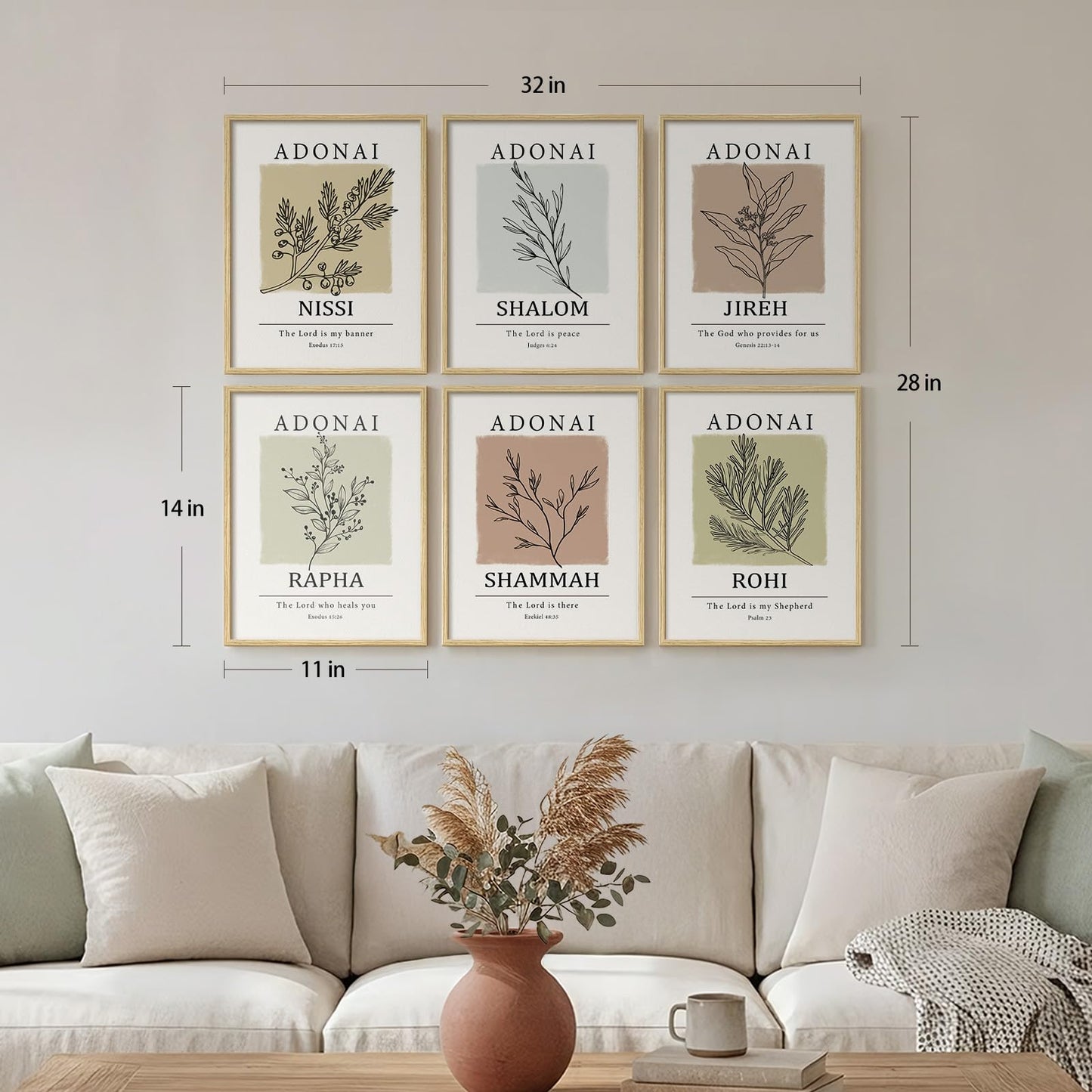 Framed Christian Scripture Wall Art, Set of 6 Minimalist Bible Verse Prints, Names of God Faith Based Neutral Boho Botanical Leaf Artwork for Bedroom Living Room Office Hallway Home Decor, 11x14 Inch