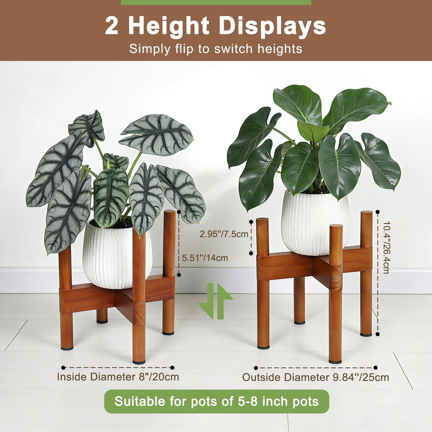 Vigordream Plant Stand Indoor, Wood Plant Holder, Mid Century Modern Decor Tall Planter Stands, 2 Height Displays Corner Single Flower Stand for Balcony, Living Room, Garden Patio Fit 5-8 Inch Pots