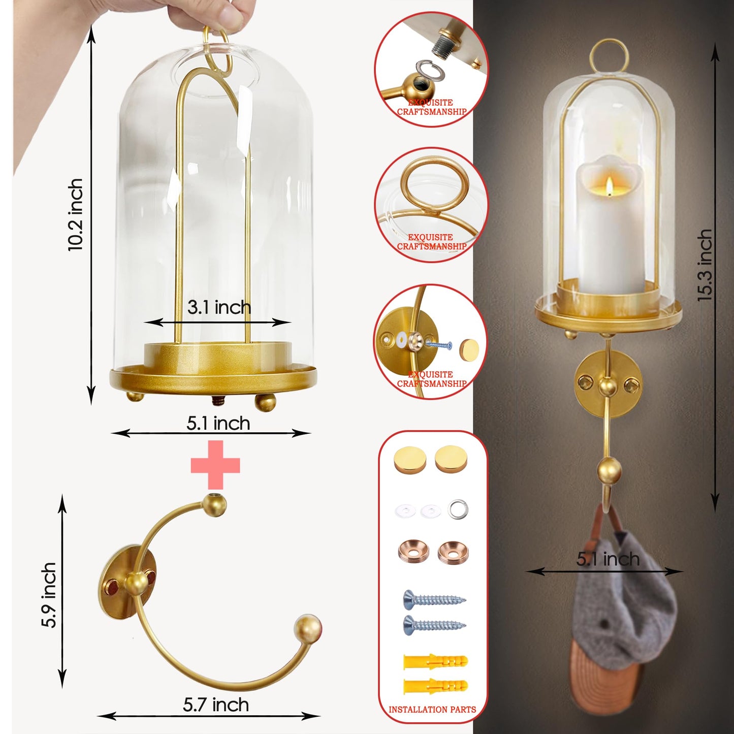 MAUYAR Metal Wall Hurricane Glass Candle Sconce Holder for Pillar Candle & Plant, Modern Farmhouse Decor Candle Lantern with Hand Towel Rack (Gold)