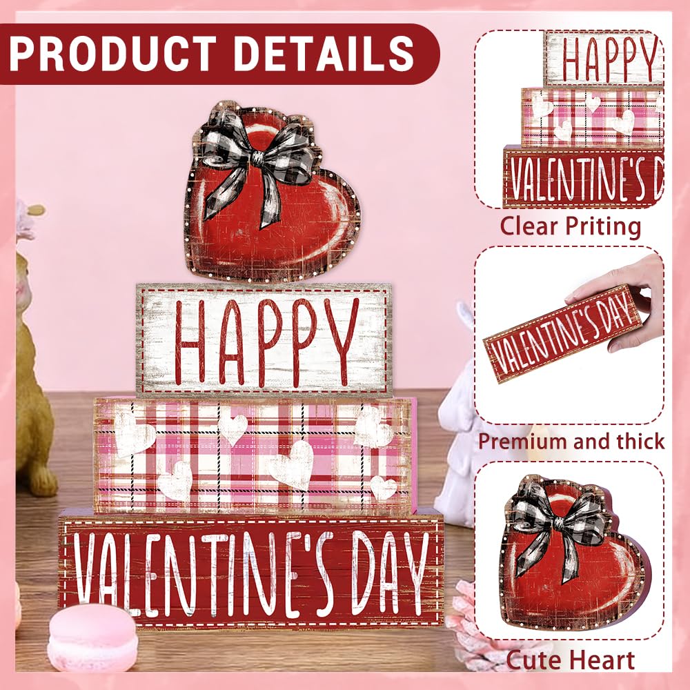 DIYDEC 4Pcs Valentine's Day Table Decoration Valentine Heart Wooden Block Signs Rustic Valentines Tiered Tray Decor Happy Valentine's Day Centerpiece Sign for Farmhouse Holiday Tabletop Party Decor