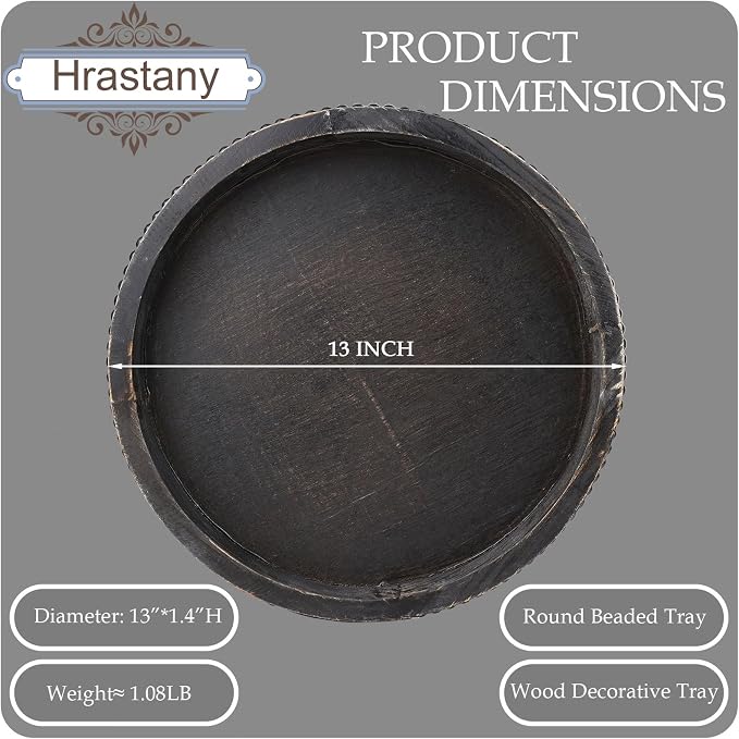 Hrastany Round Wooden Serving Tray with Beads, Circle Vintage Black Wood Coffe Table Tray for Dining Room Table Centerpiece, Kitchen Counter
