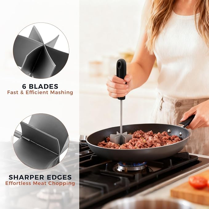 304 Stainless Steel Meat Chopper & Masher, Coinicxcel 10 Inch Heat Resistant Ground Beef Chopper Tool with 6 Curve Blades & Ergonomic Non-Slip Handle, Heavy-Duty Hamburger Smasher Tool Dishwasher Safe