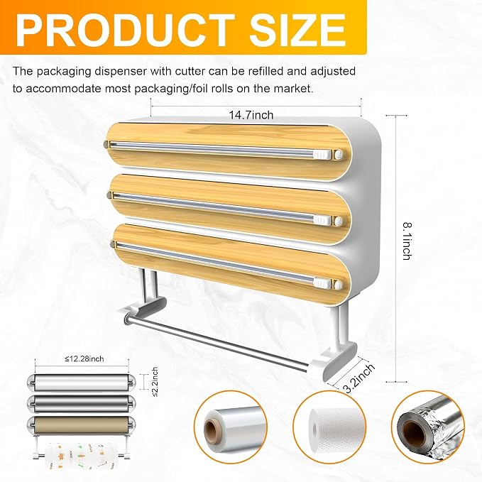 4in1 Plastic Wrap Dispenser with Cutter Aluminum Foil Organizer Wrapping Paper Storage and Kitchen Towel Holder Ideal for Kitchen Organization and Countertop Space Saving