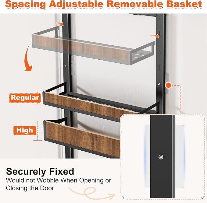 Aquzee Heavy Duty Pantry Door Organizer, 6-Tier Over the Door Pantry Organizer, 2 IN 1 Hanging Wall Mount Spice Rack, Adjustable Baskets, Spice Organization for Cabinet Kitchen Closet