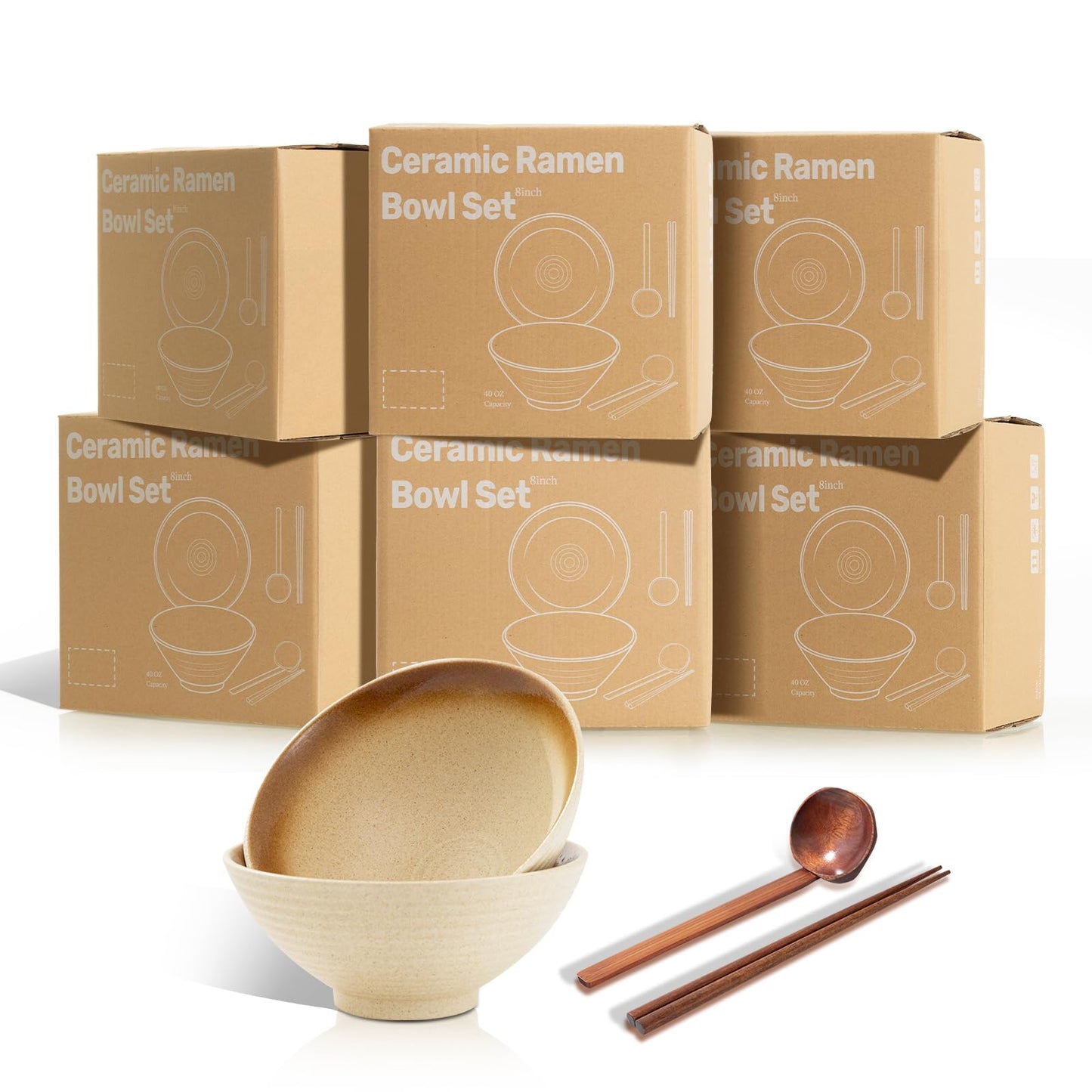 ArtifexCeram 8 Inch Ceramic Ramen Bowl Set of 2, 40oz Japanese Bowls with Spoons & Chopsticks,Durable,Microwave & Dishwasher Safe,Perfect for Ramen,Pho,Salad,Soup,Noodles，Mixing bowls（Amber）