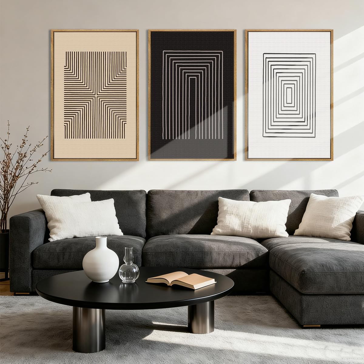 Anyzal Large Black Abstract Wall Art Framed16x24 Inch Brown and White Modern Minimalist Canvas Wall Decor Neutral Textured Art Prints for Living Room Bedroom Office Set of 3