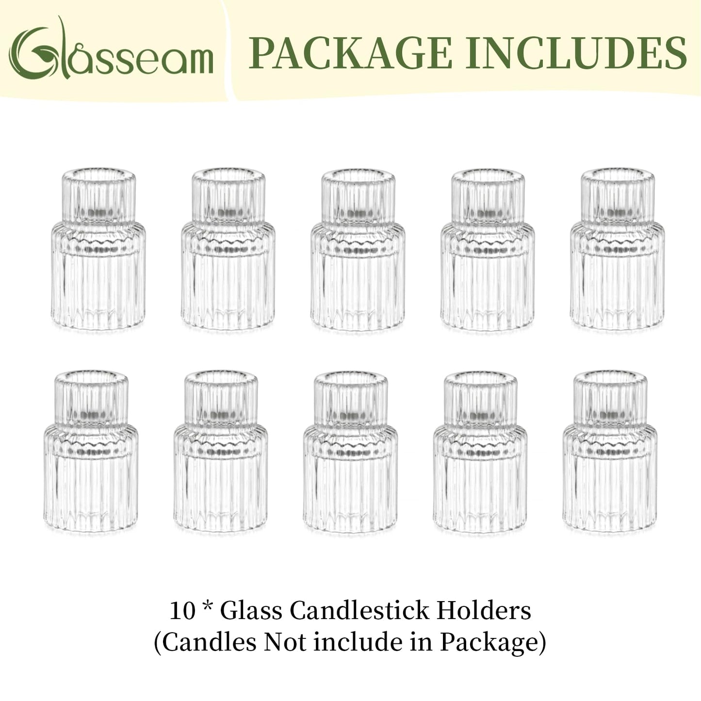 Glasseam Small Candle Stick Holder: Crystal Clear Glass Candle Holder Set of 10, Modern Taper Candle Holders for Table Centerpiece, Ribbed Tapered Candlestick Holders for Dining Room Decoration
