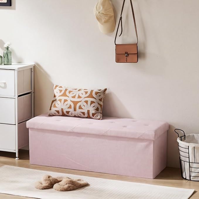 DUMOS 43in Foldable Storage Ottoman Bench, Storage Chest, Large End of Bed Foot Rest Stool with Padded Seat, Bedroom Bench for Living Room, Support 660lbs, Pink
