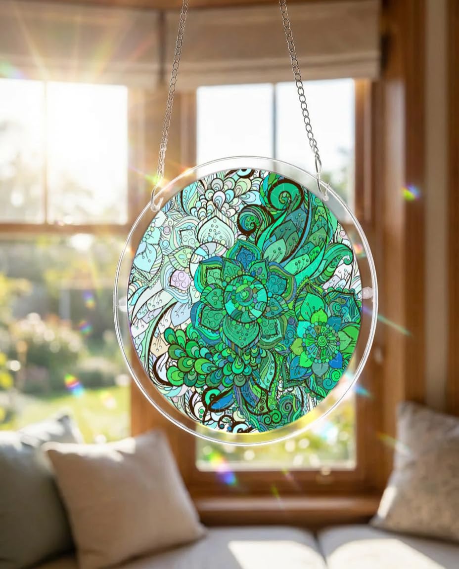 WOODBESTS Acrylic Suncatcher Puzzles, Suncatcher for Doors Garden Window Hanging, Green Mandala Puzzle, Birthday for Lover (M - 8.2 * 8.2 in)