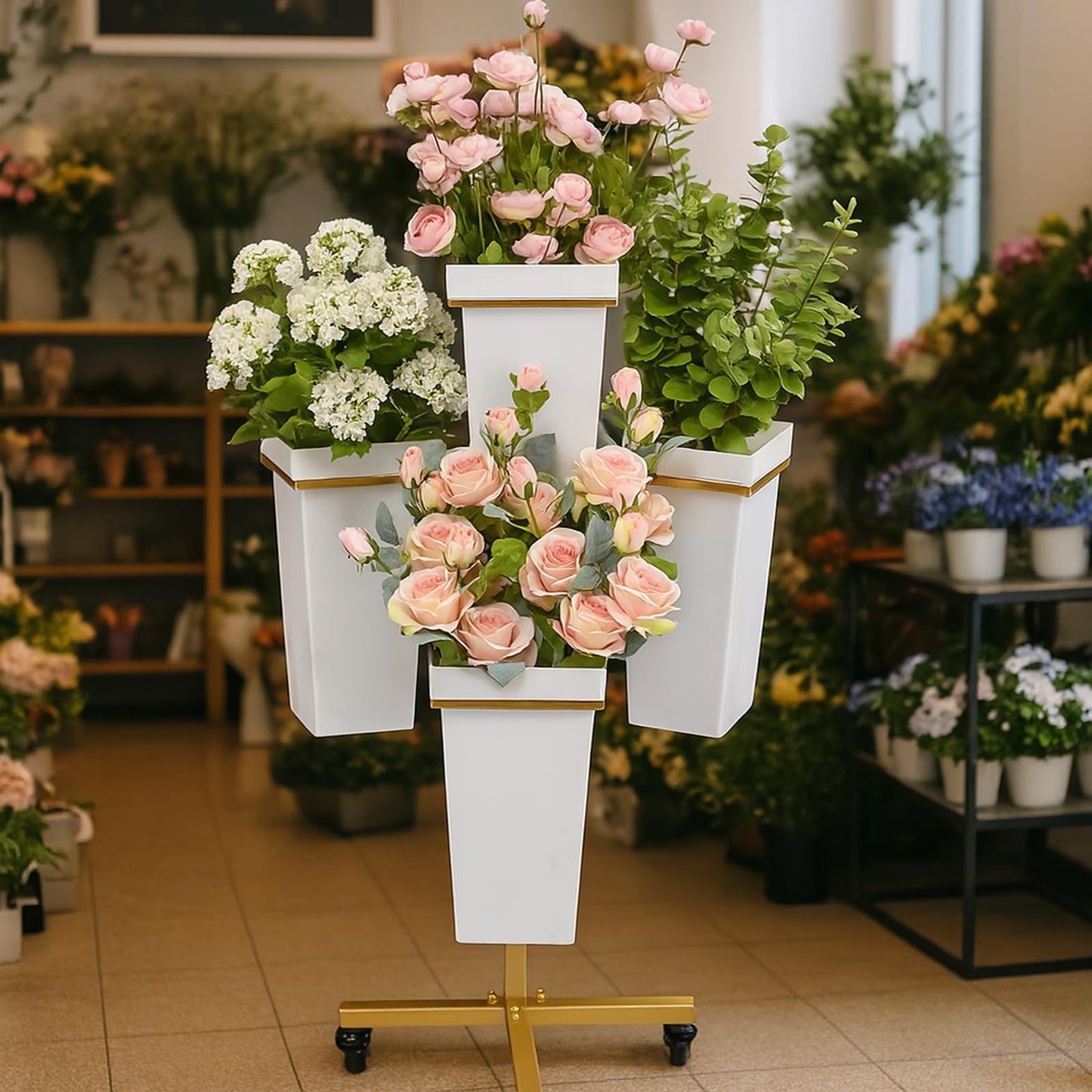 FEFZSFER Flower Display Stand with Buckets - Flower Cart with Wheels for Bouquet Shop, Metal Flower Rack Display Stand for Wedding Garden, Party, Events (Gold, Square buckets)