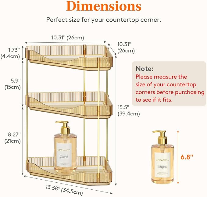Lifewit 3-Tier Corner Bathroom Counter Organizer, Plastic Makeup Skincare Organizers Storage Countertop, Large Sink Cosmetic Perfume Shelf for Bedroom, Dresser, Kitchen, Vanity, Gold, 25 cm/10inch(H)