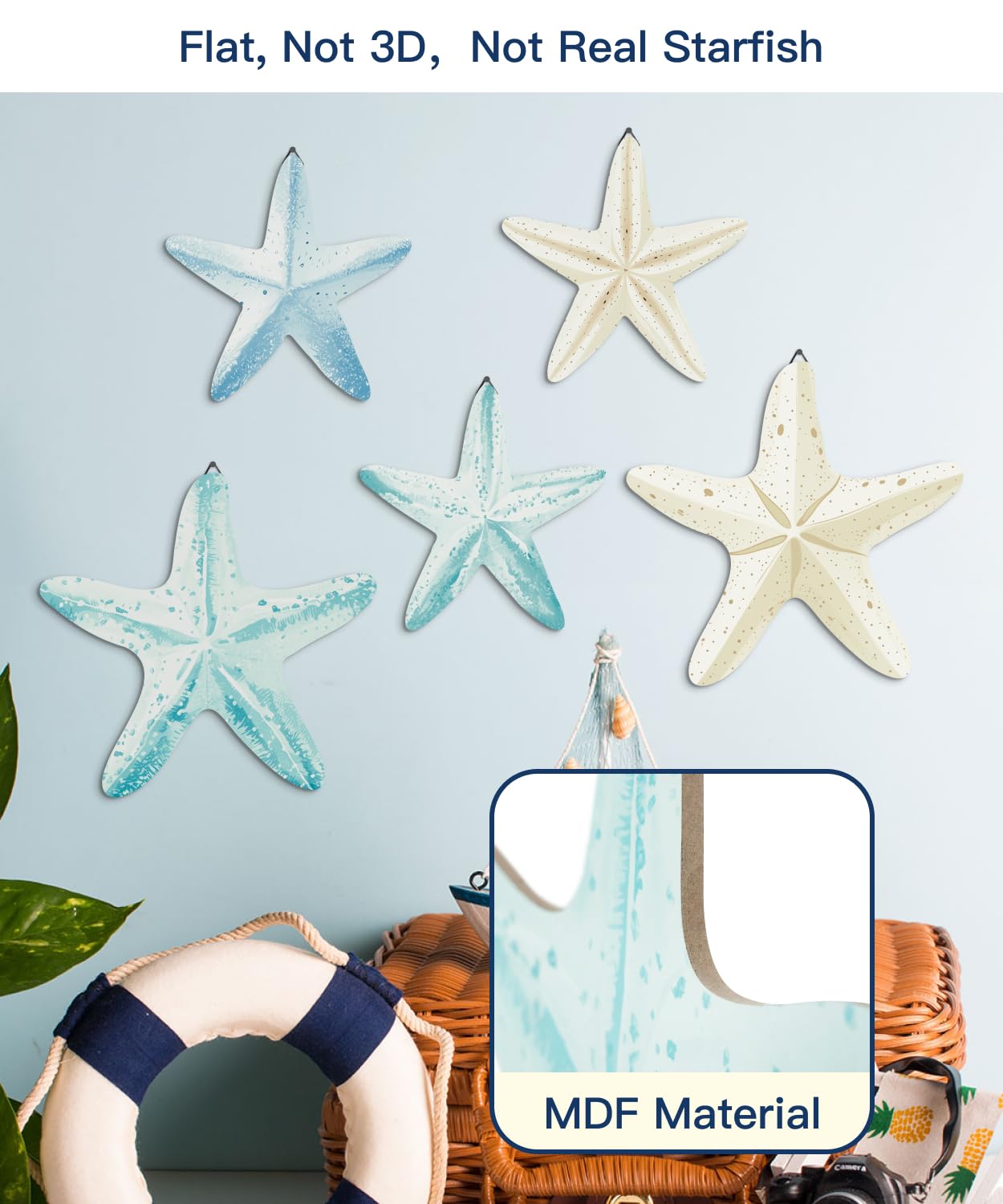Putuo Decor Coastal Nautical Starfish MDF Wall Art Set of 5 Beach Wall Decor Coastal Hanging Décor for Bathroom, Living Room, Patio (Flat, It's Not 3D, Not Real Starfish)