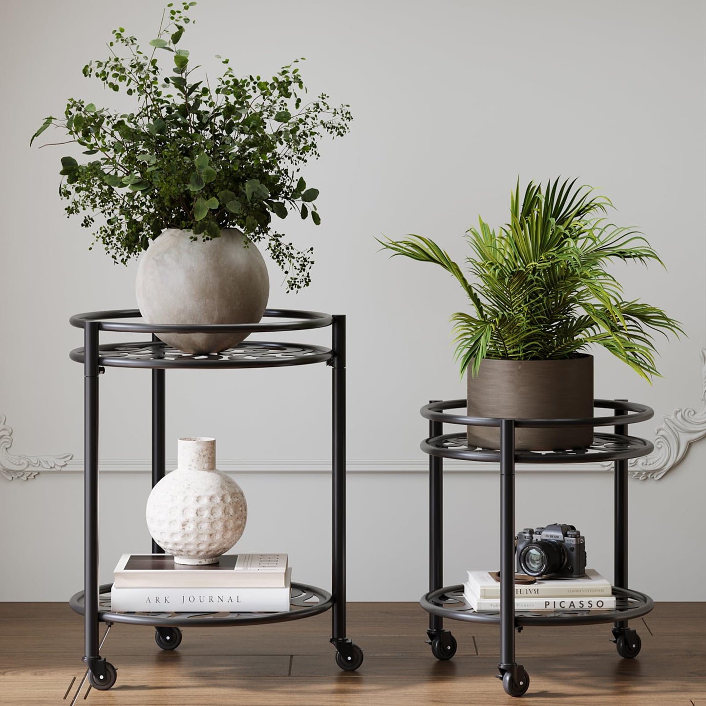 Rioneta 2 Tier Heavy Duty Rolling Plant Stand – 165 lbs Capacity Flower Pot Holder with Wheels for Indoor & Outdoor, Easy Move Cart for Balcony, Patio, Garden, 2 Pack Black
