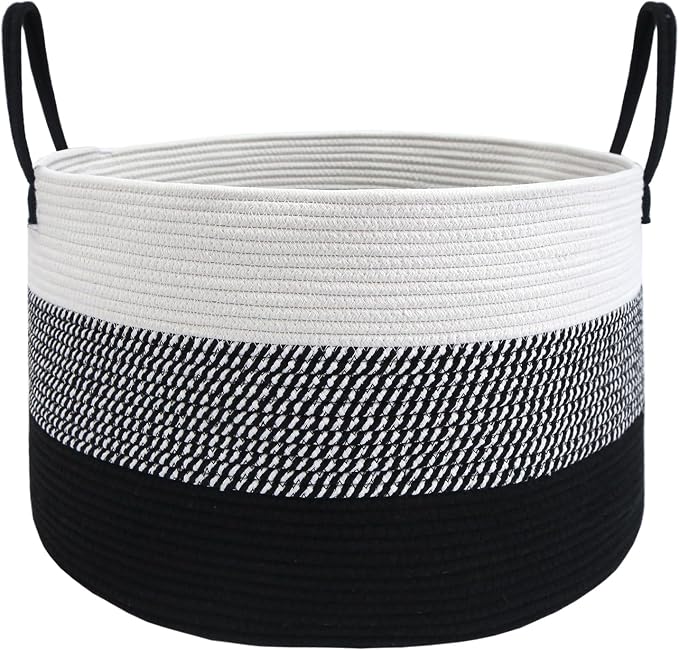 JMvicyroam 65L Extra Large Blanket Basket for Living Room - Woven Cotton Rope Laundry Hamper with Reinforced Handles - Storage Bin for Pillows, Comforters & Toys - Machine Washable,White&Black Mix