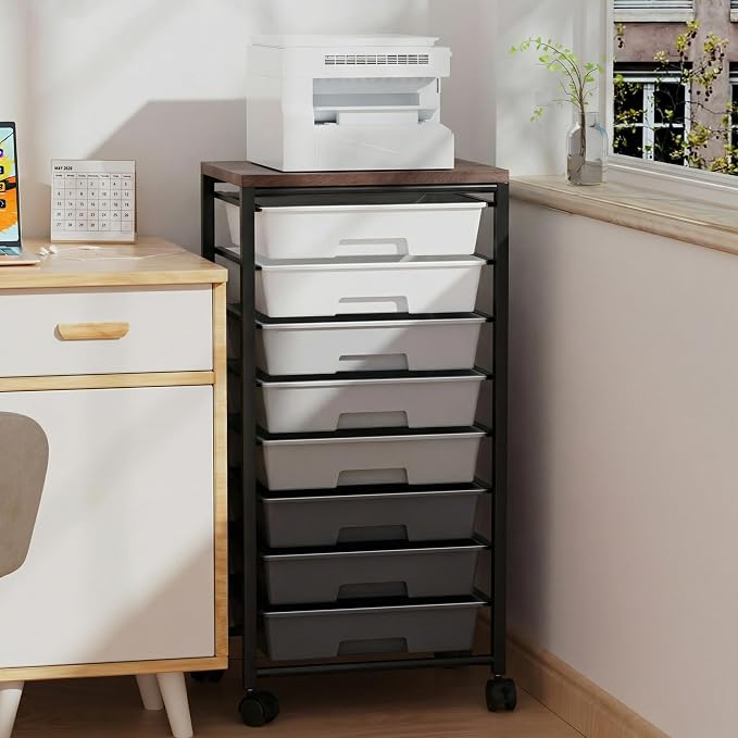 Rolling Cart with 8 Drawers, Storage Drawers Cart with Wooden Tabletop and Lockable Wheels, Craft Storage for Living Room, Office, Classroom, Craft Room, Bedroom (Gray)
