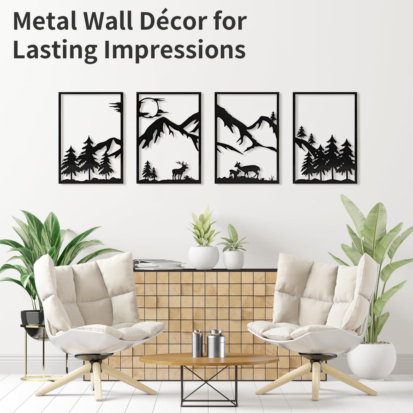LONGKING 4 Pack Metal Wall Art, Mountain Iron Wall Sculpture, Art Wall Décor for Office, Dining Room, Living Room, Bedroom (Black, 17 x 12 in)