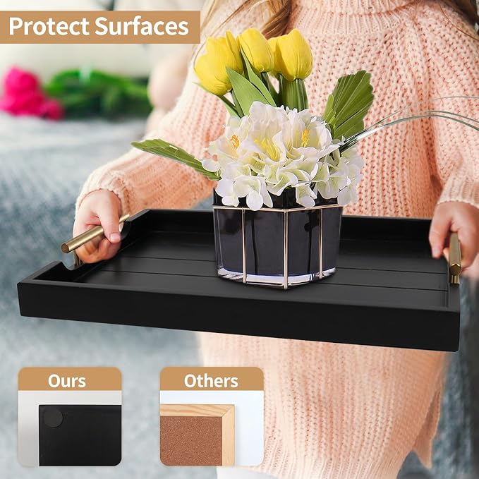 SXNOWS Coffee Table Trays - Large Ottoman Tray for Living Room -Wood Serving Tray with 2 Sets of Handles - Wooden Tray for Coffee Table, 4 Round Coasters Included, Black