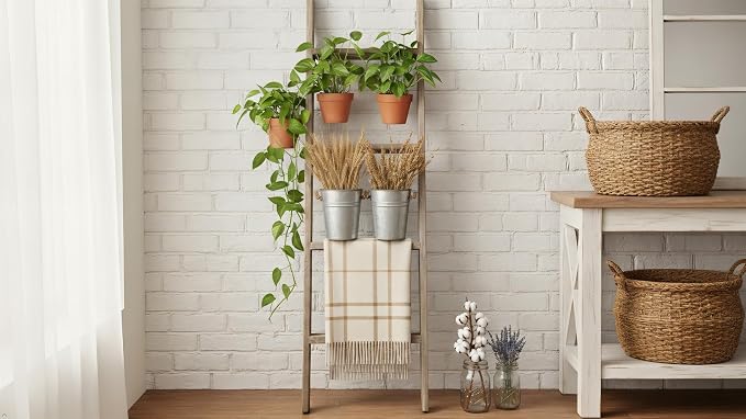 Rustic Revival | Barnwood Display Ladder – Farmhouse Decorative Ladder Made from Authentic Weathered Wood – Real Wood Leaning Ladder for Blankets, Towels & Rustic Décor