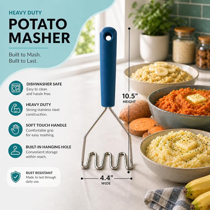 2pc Gift Set | Large Stainless Steel Meat Chopper & Potato Masher | 6-Blade Ground Beef Chopper Tool | Oversized Ergonomic Handle | Heat Resistant Grip | Dishwasher Safe (Lagoon Blue/Lagoon blue)