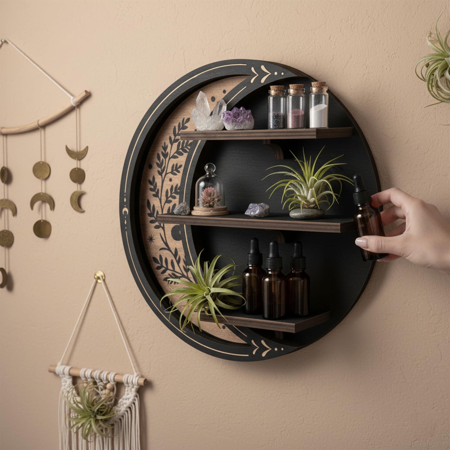 FNYDOX Wall Shelves for Bedroom, Crescent Moon Shelf with LED Light, Witchy Whimsical Celestial Room Decor Aesthetic, Wooden Floating Shelf for Trinket Knick Knack Crystal Rock Gem Essential Oils